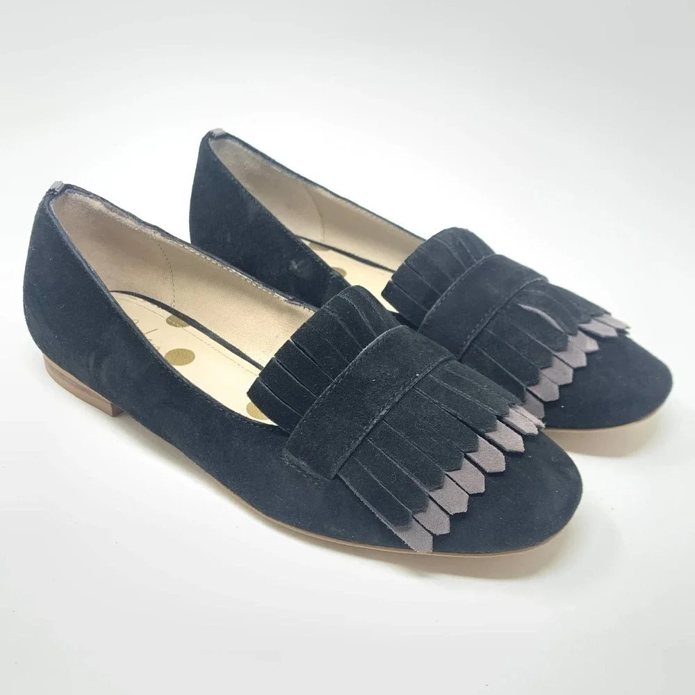 Boden Melody Suede Loafers Black & Pewter‎ Fringe Flats Size 36 / US 5.5